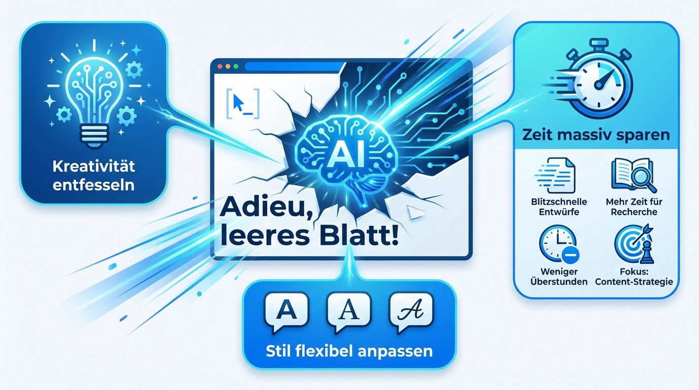 KI-Infografik über Kreativität, Effizienz und Stilfreiheit bei der Nutzung eines Online-Textgenerators