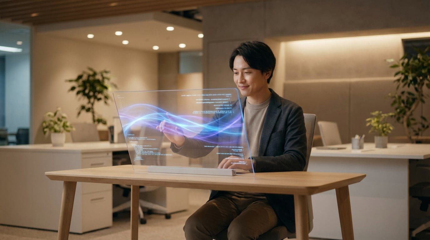 Junger Mann interagiert mit transparentem Bildschirm, der schwebenden Code und Lichtwellen in modernem Büro zeigt.