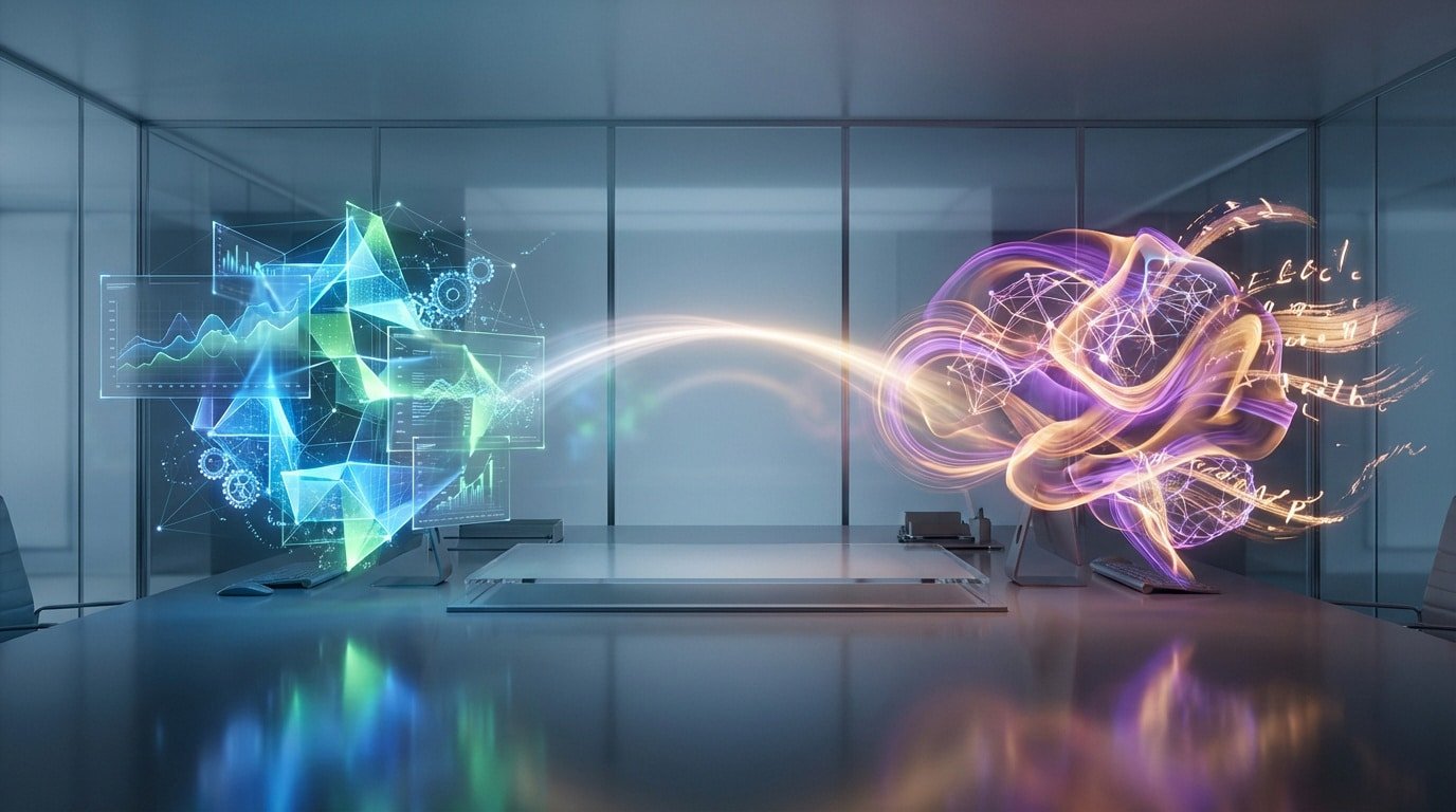 Holografische Datenanalyse (Wisewand) und kreative KI (Claude AI) verbinden sich in einem modernen Büro für SEO-Workflow.