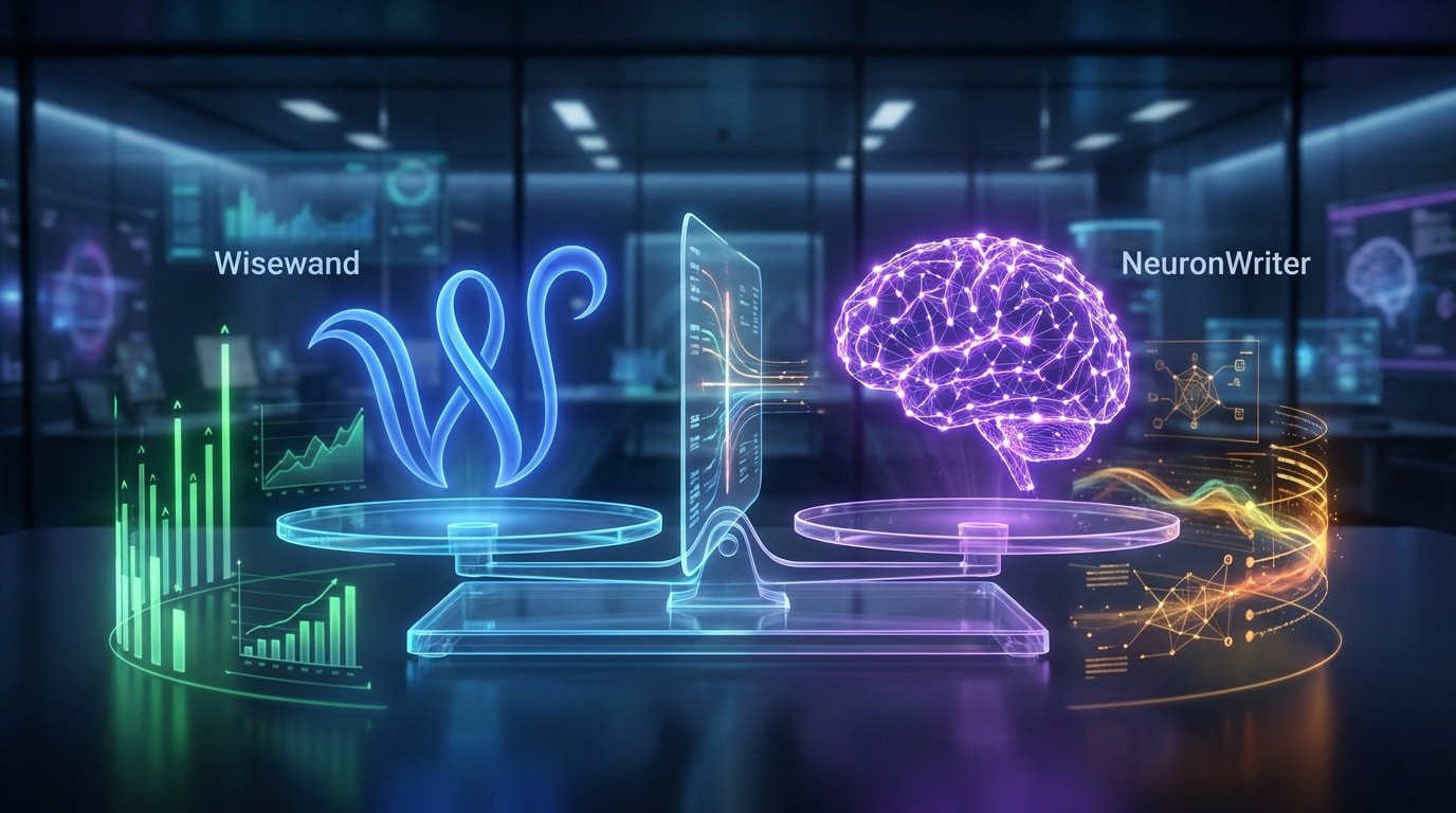 Digitale Waage vergleicht Wisewand (blaues W, Daten) und NeuronWriter (lila Gehirn, Daten) in futuristischer Umgebung.