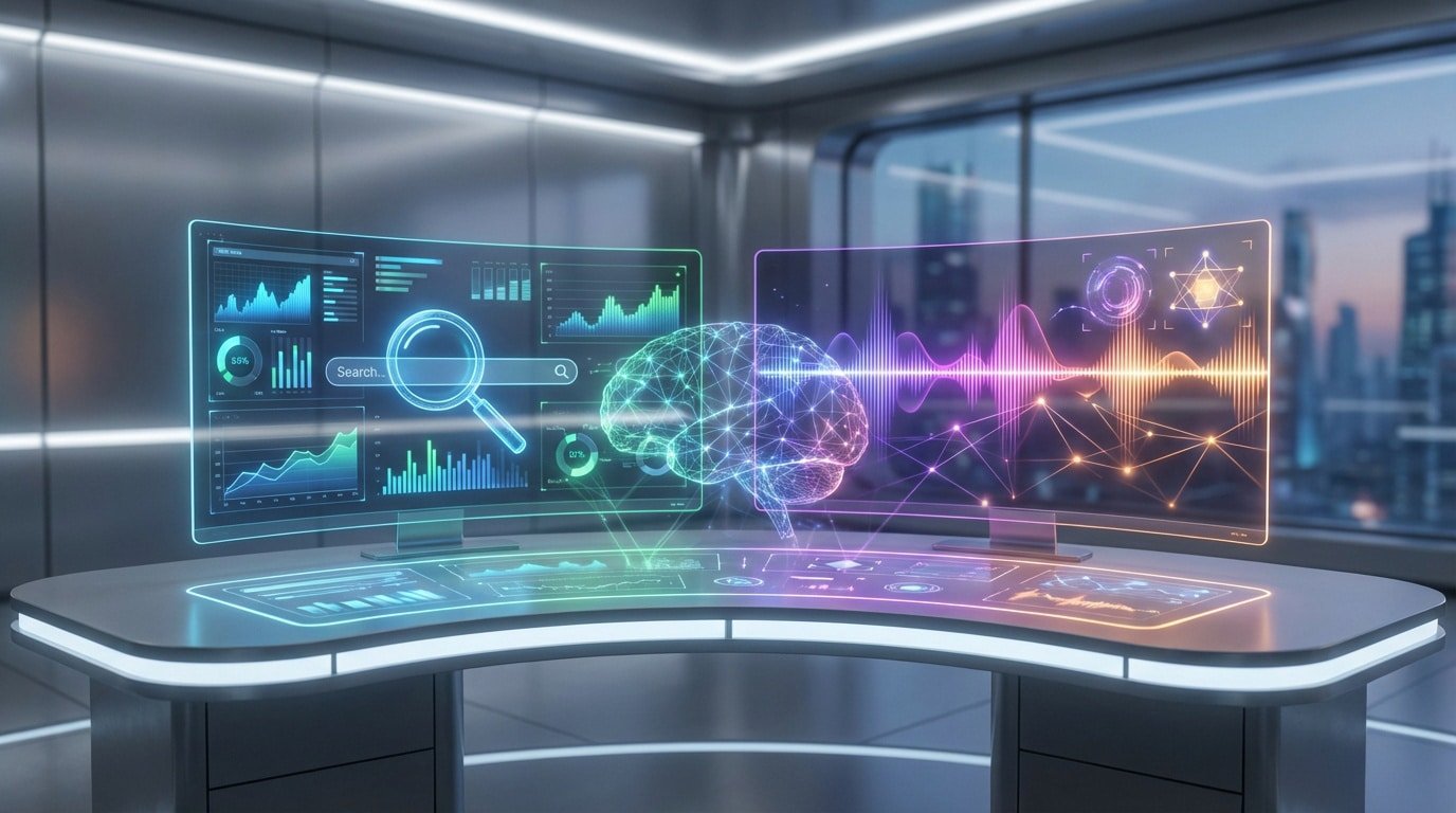 Futuristische KI-SEO-Analyse mit holographischen Bildschirmen, Daten-Charts, Suchfunktion und einem leuchtenden Gehirn.