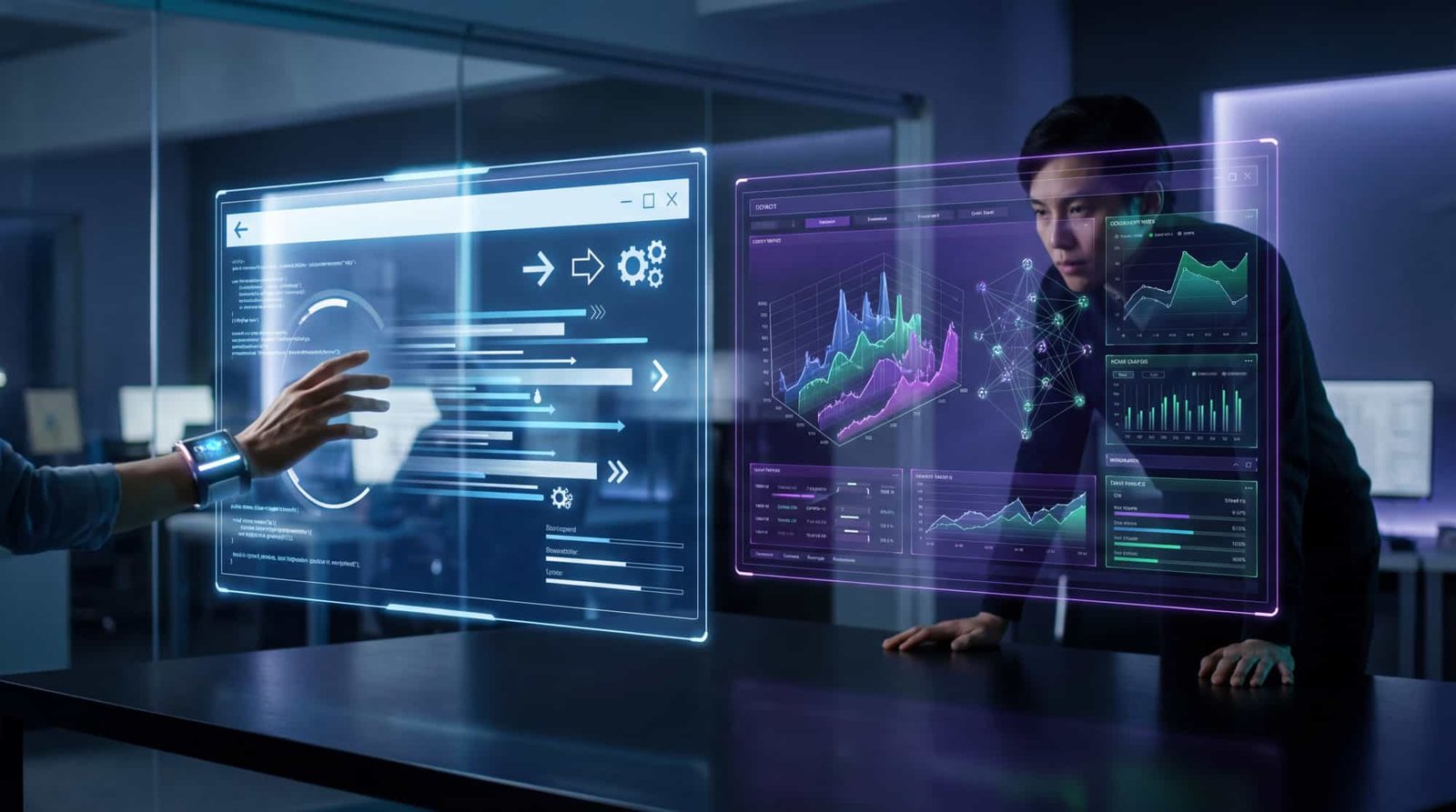 Zwei Personen analysieren futuristische, holografische SEO-Daten und Prozesse für einen Tool-Vergleich der Zukunft.