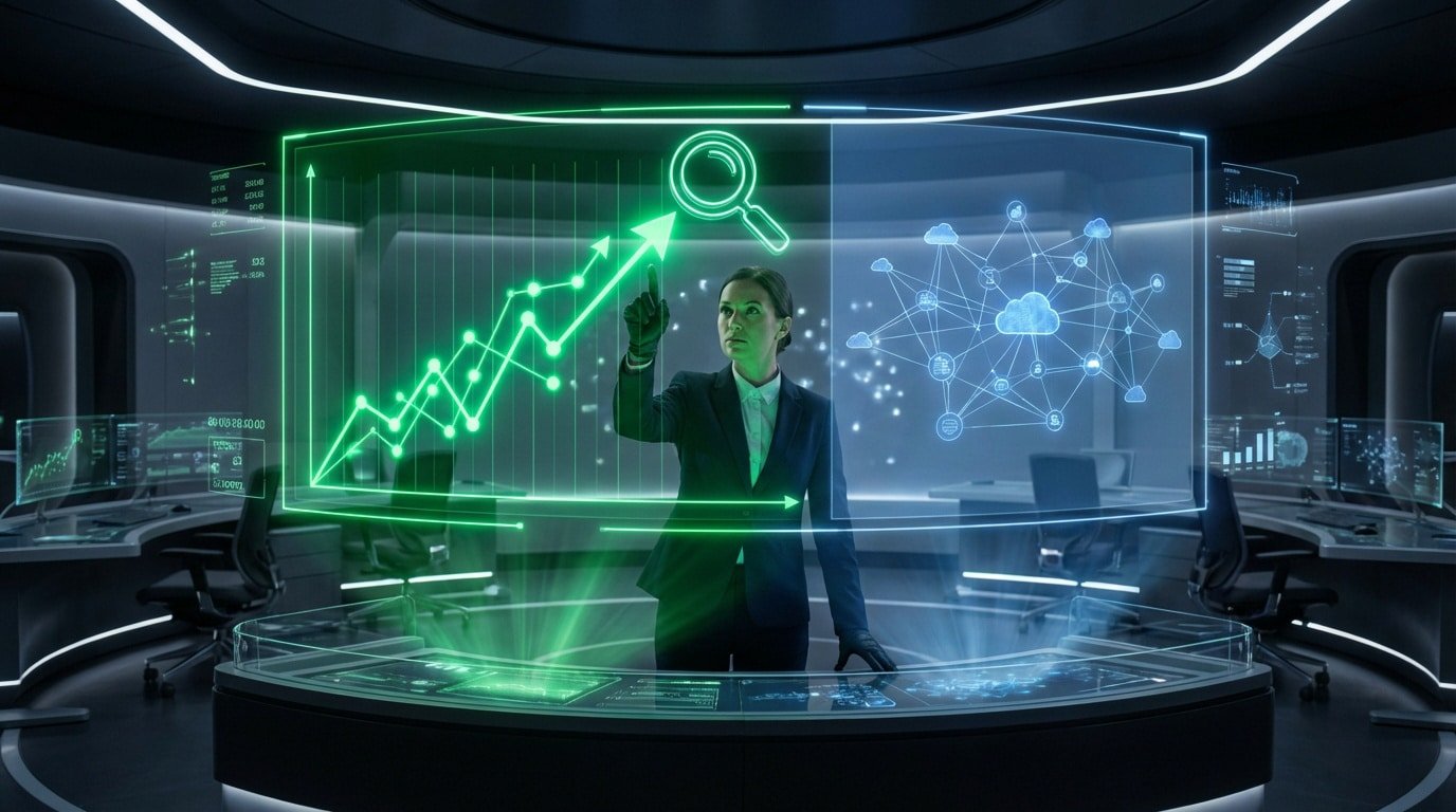 Geschäftsfrau bedient holografischen Bildschirm mit grünem Wachstumsgraphen, Lupe und blauem Datennetzwerk in futuristischem Kontrollraum.