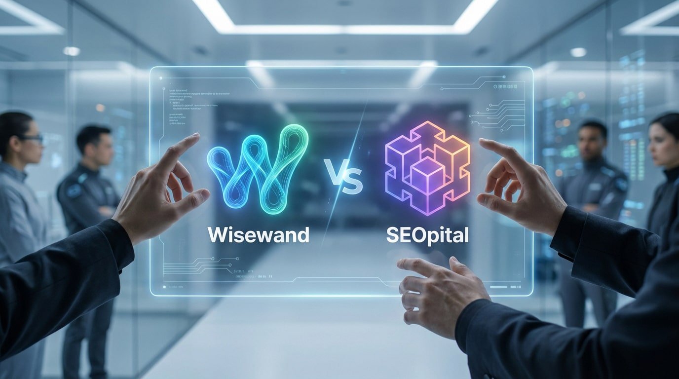 Hände interagieren mit einem holografischen Bildschirm, der die Logos von Wisewand (blau-grün) und SEOpital (violett-orange) im direkten Vergleich zeigt, mit "Vs." dazwischen. Futuristische Umgebung.