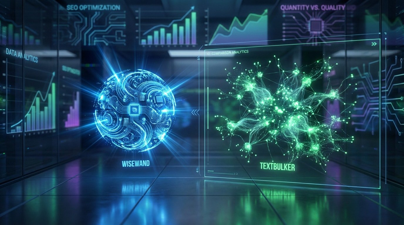 Digitaler Vergleich von Wisewand (blaue KI-Kugel) und TextBulker (grünes Neuronengeflecht) in einer SEO-Analyseumgebung.