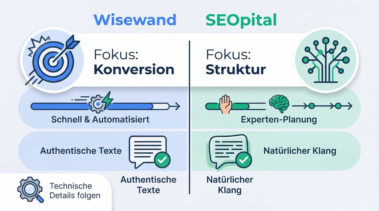 Vergleich der Funktionen und Schwerpunkte von Wisewand und SEOpital für SEO-Content